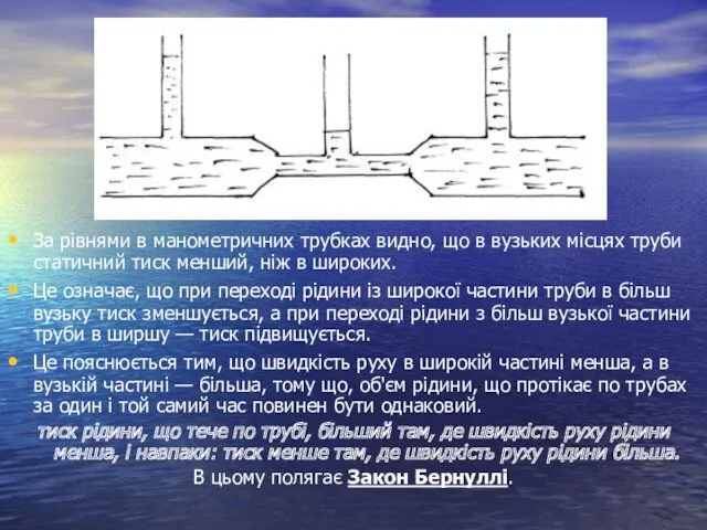 За рівнями в манометричних трубках видно, що в вузьких місцях