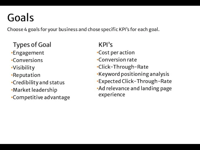 Types of Goal Engagement Conversions Visibility Reputation Credibility and status Market leadership Competitive
