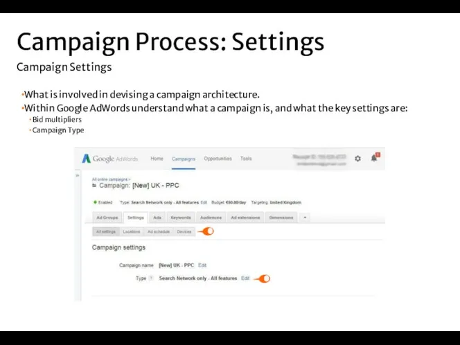 What is involved in devising a campaign architecture. Within Google AdWords understand what