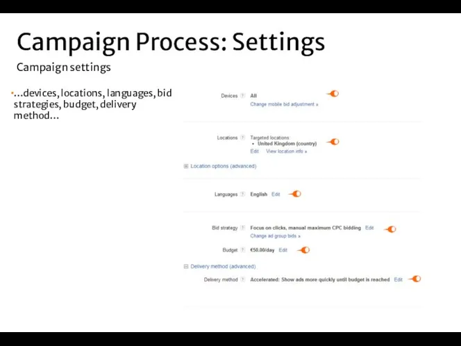 …devices, locations, languages, bid strategies, budget, delivery method… Campaign Process: Settings Campaign settings
