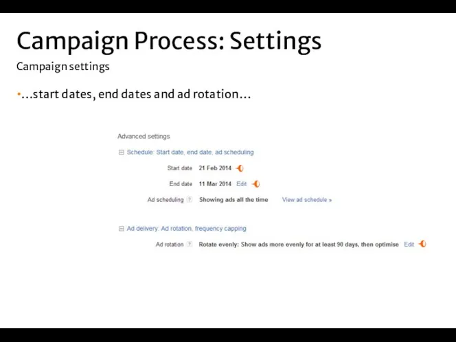 …start dates, end dates and ad rotation… Campaign Process: Settings Campaign settings