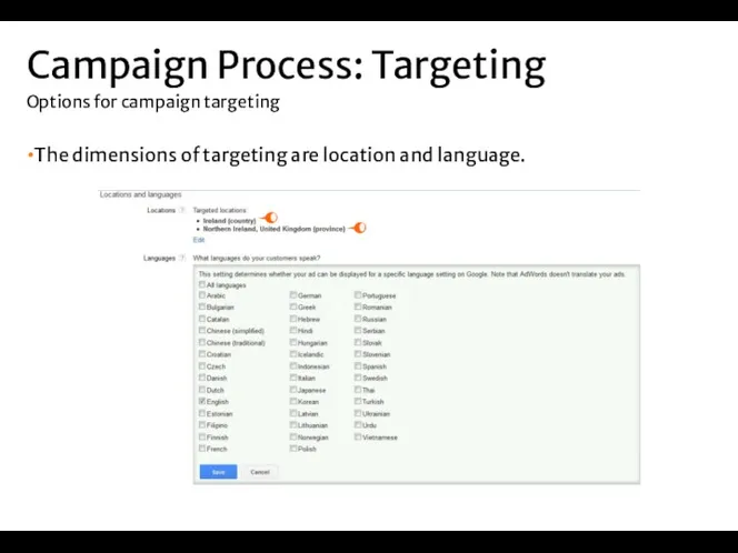 The dimensions of targeting are location and language. Campaign Process: Targeting Options for campaign targeting