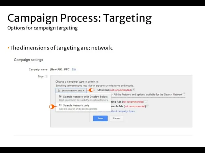 The dimensions of targeting are: network. Campaign Process: Targeting Options for campaign targeting