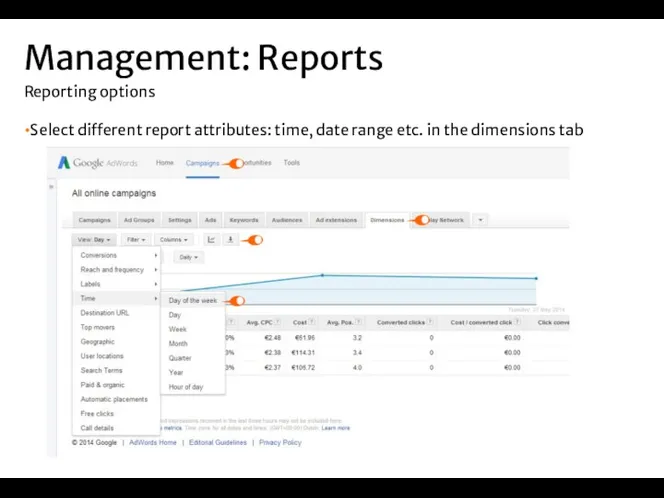 Select different report attributes: time, date range etc. in the dimensions tab Management: Reports Reporting options