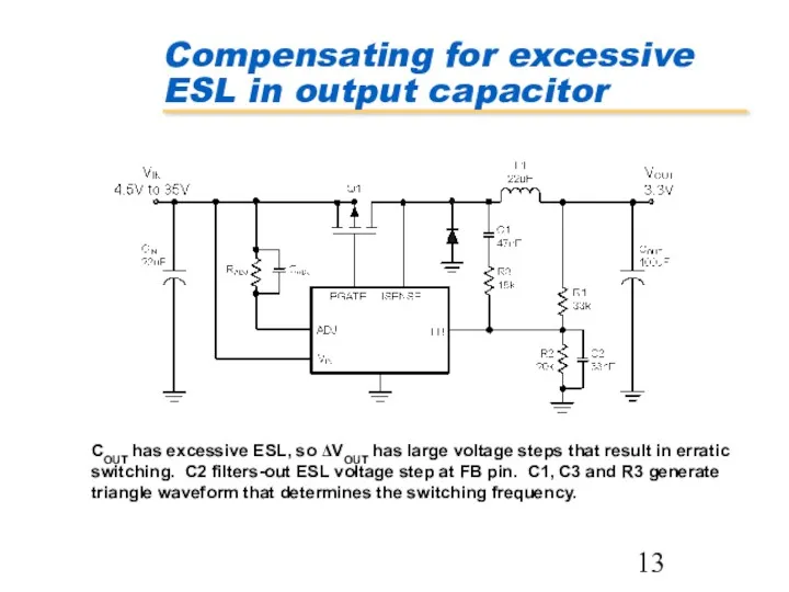 Compensating for excessive ESL in output capacitor COUT has excessive ESL, so ΔVOUT