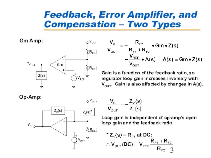 Feedback, Error Amplifier, and Compensation – Two Types Gm Amp: Op-Amp: Gain is