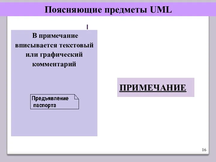 Поясняющие предметы UML ПРИМЕЧАНИЕ В примечание вписывается текстовый или графический комментарий