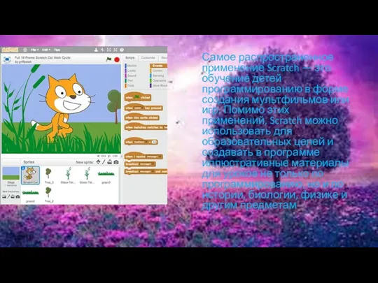 Самое распространенное применение Scratch — это обучение детей программированию в