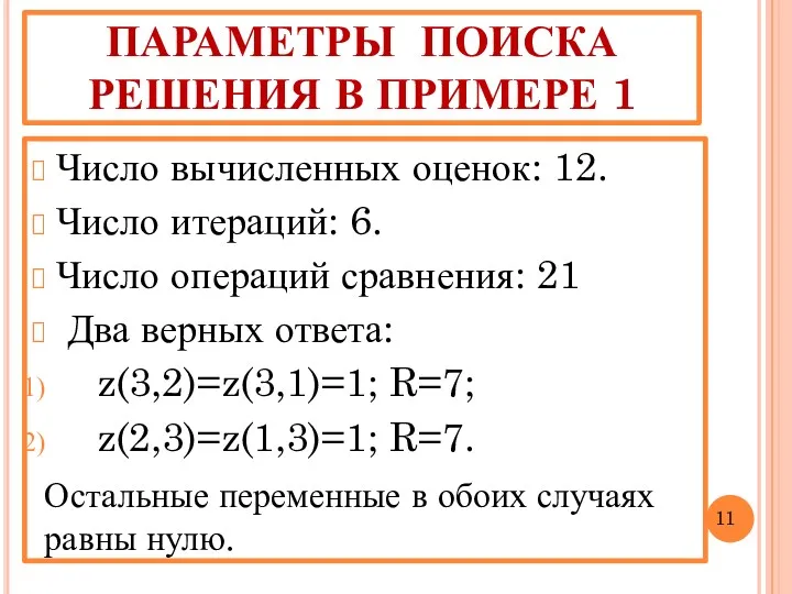 ПАРАМЕТРЫ ПОИСКА РЕШЕНИЯ В ПРИМЕРЕ 1 Число вычисленных оценок: 12.