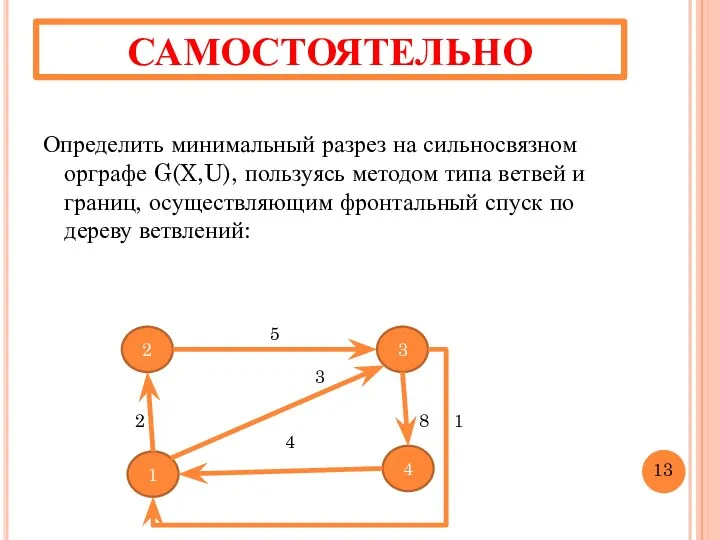 Определить минимальный разрез на сильносвязном орграфе G(X,U), пользуясь методом типа