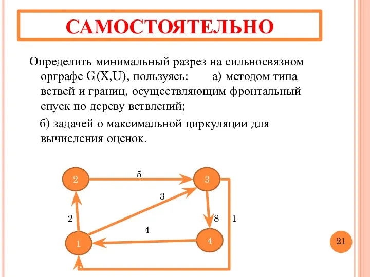 САМОСТОЯТЕЛЬНО Определить минимальный разрез на сильносвязном орграфе G(X,U), пользуясь: а)