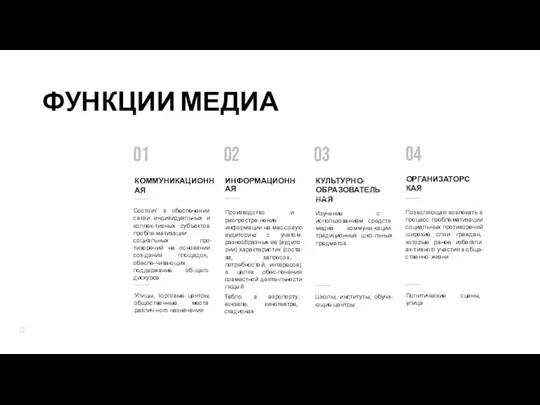 ФУНКЦИИ МЕДИА Производство и распростра-нение информации на мас-совую аудиторию с