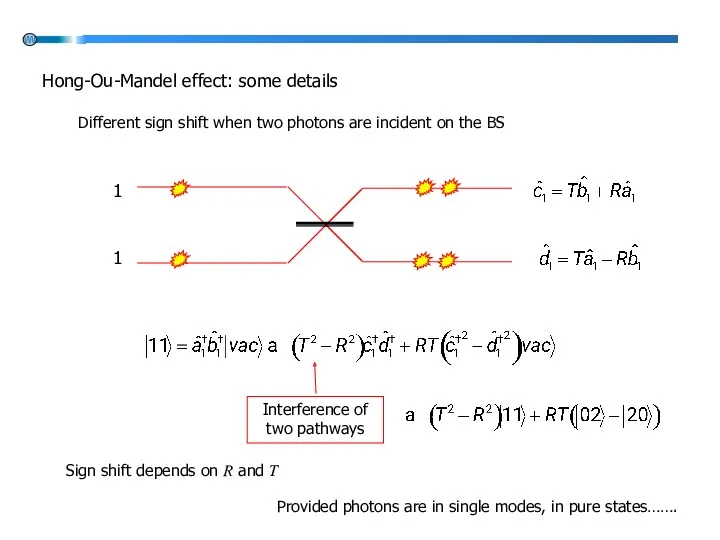 Hong-Ou-Mandel effect: some details Different sign shift when two photons