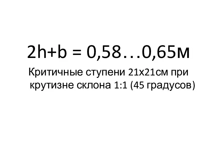 2h+b = 0,58…0,65м Критичные ступени 21х21см при крутизне склона 1:1 (45 градусов)