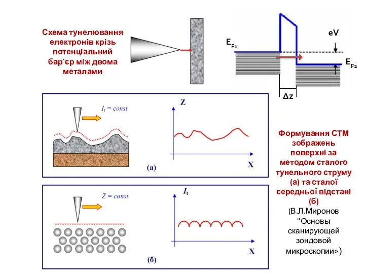 Схема тунелювання електронів крізь потенціальний бар`єр між двома металами Формування