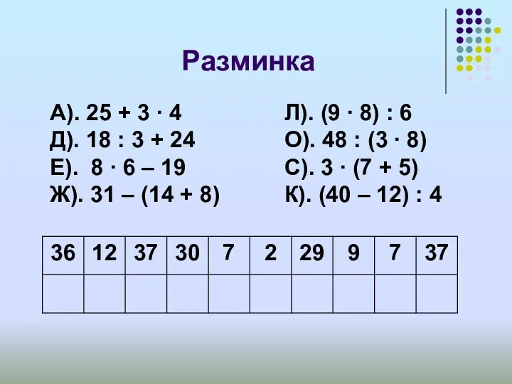 Разминка А). 25 + 3 ∙ 4 Д). 18 :