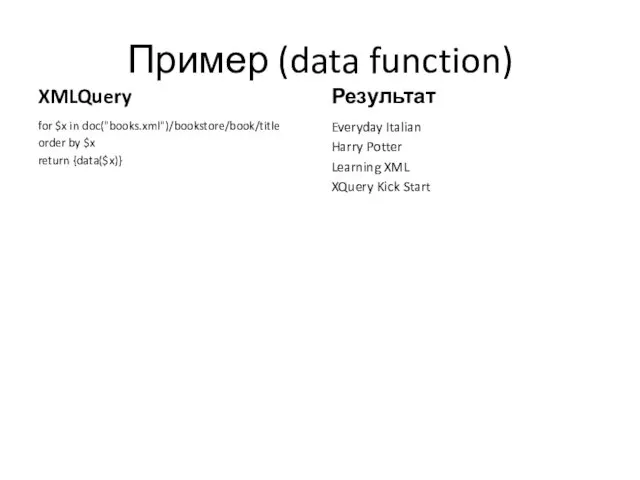 Пример (data function) XMLQuery for $x in doc("books.xml")/bookstore/book/title order by