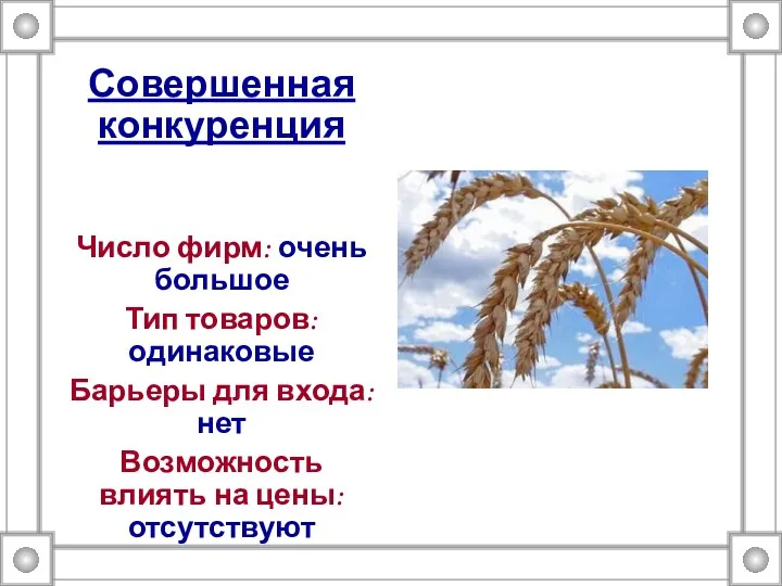 Совершенная конкуренция Число фирм: очень большое Тип товаров: одинаковые Барьеры