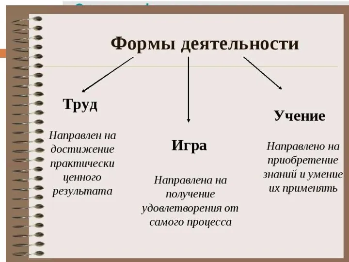 Основные виды (формы) деятельности Общение Познание В том числе учеба Труд Игра