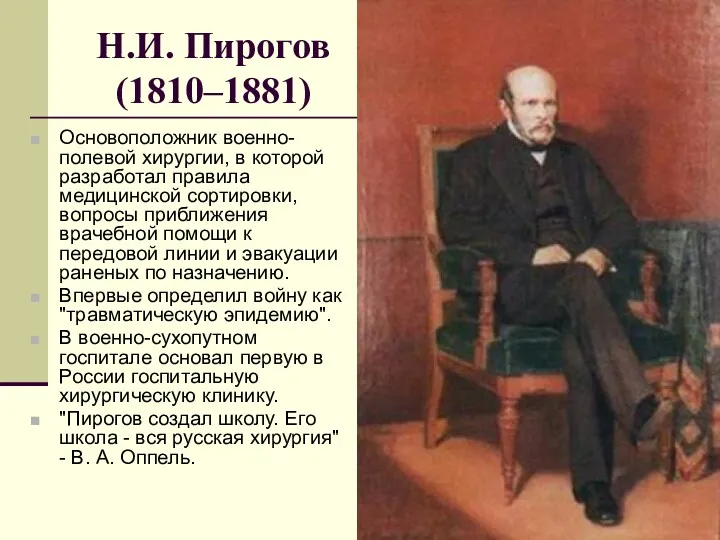 Н.И. Пирогов (1810–1881) Основоположник военно-полевой хирургии, в которой разработал правила