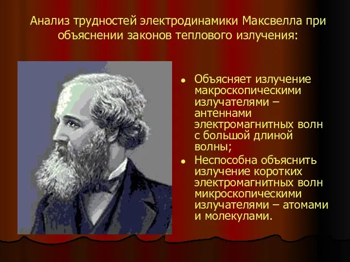 Анализ трудностей электродинамики Максвелла при объяснении законов теплового излучения: Объясняет