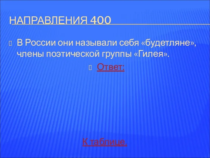 НАПРАВЛЕНИЯ 400 В России они называли себя «будетляне», члены поэтической группы «Гилея». Ответ: К таблице.