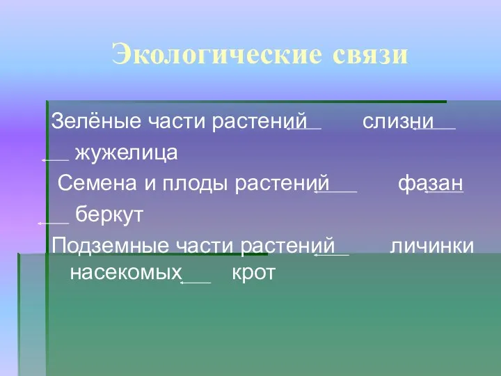 Экологические связи Зелёные части растений слизни жужелица Семена и плоды