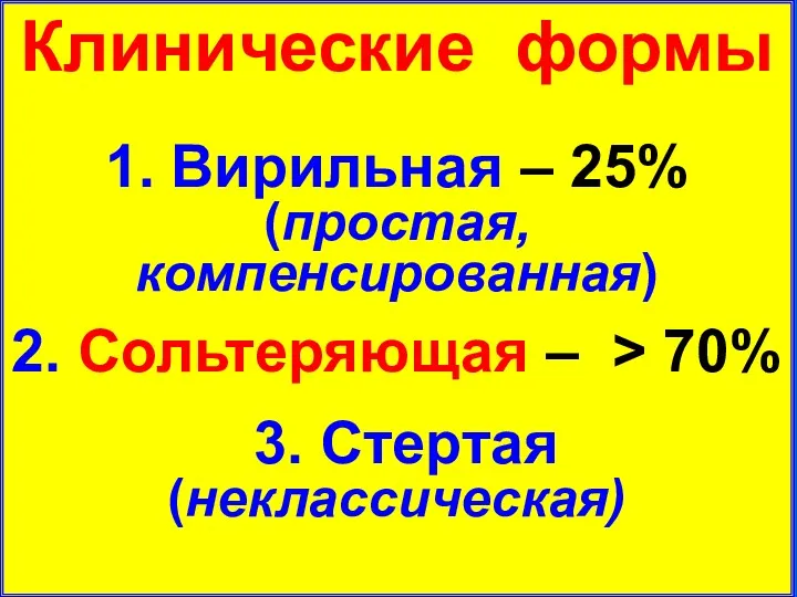 Клинические формы 1. Вирильная – 25% (простая, компенсированная) 2. Сольтеряющая – > 70% 3. Стертая (неклассическая)