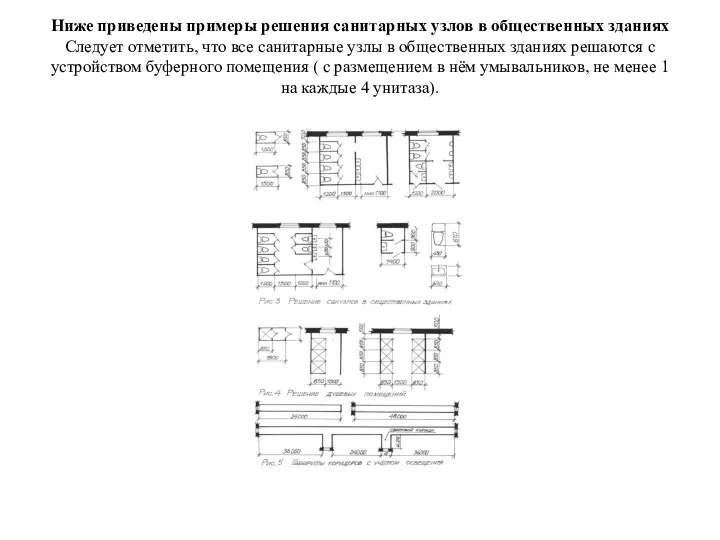 Ниже приведены примеры решения санитарных узлов в общественных зданиях Следует