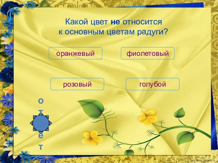 Какой цвет не относится к основным цветам радуги? оранжевый фиолетовый розовый голубой ответ