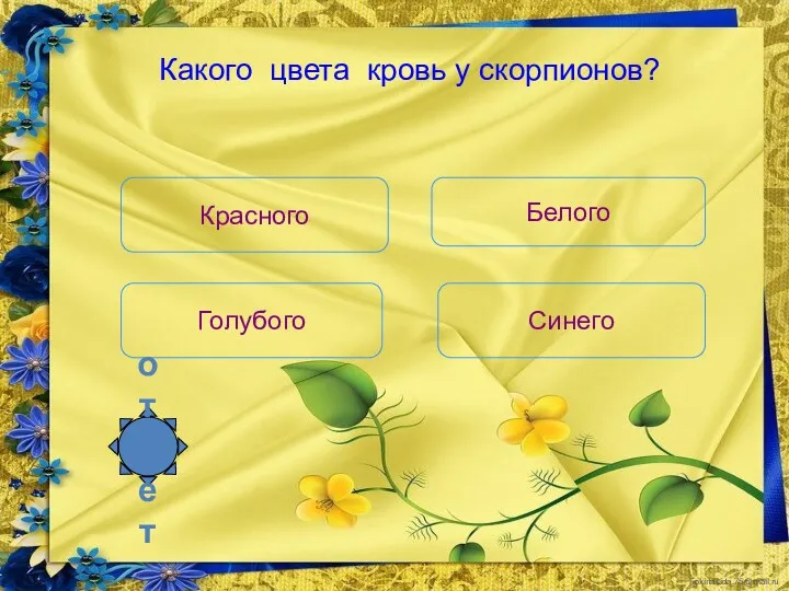 Какого цвета кровь у скорпионов? Белого Красного Голубого Синего ответ