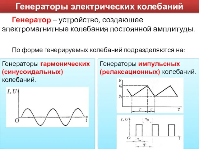 По форме генерируемых колебаний подразделяются на: Генераторы гармонических (синусоидальных) колебаний.