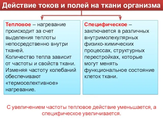 Действие токов и полей на ткани организма Тепловое – нагревание