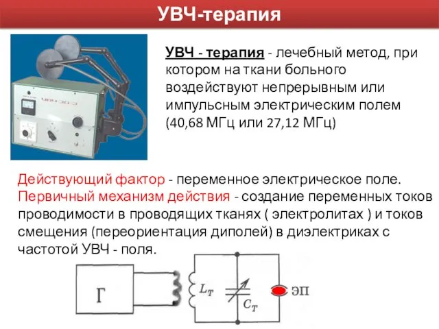 УВЧ-терапия УВЧ - терапия - лечебный метод, при котором на