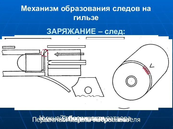 Механизм образования следов на гильзе ЗАРЯЖАНИЕ – след: Нижней поверхности