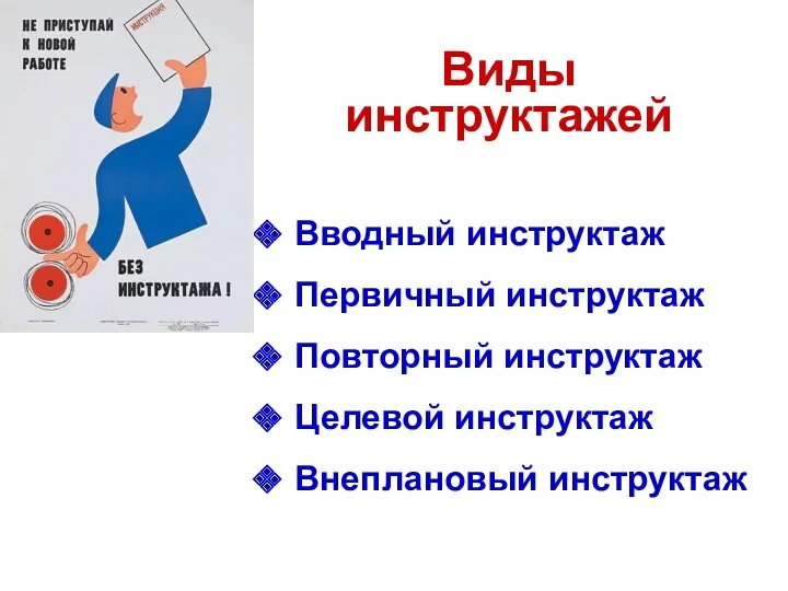 Виды инструктажей Вводный инструктаж Первичный инструктаж Повторный инструктаж Целевой инструктаж Внеплановый инструктаж