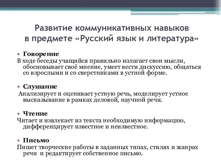 Развитие коммуникативных навыков в предмете «Русский язык и литература» Говорение В ходе беседы