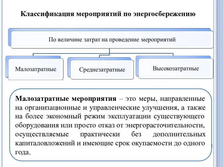 Классификация мероприятий по энергосбережению Малозатратные мероприятия – это меры, направленные на организационные и