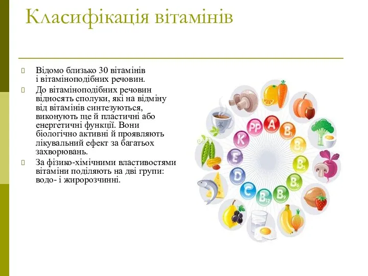 Класифікація вітамінів Відомо близько 30 вітамінів і вітаміноподібних речовин. До