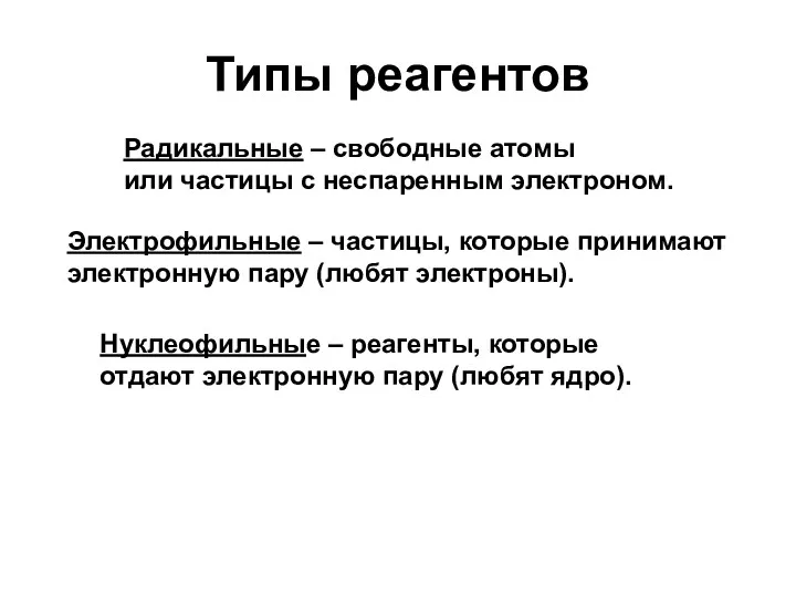 Типы реагентов Радикальные – свободные атомы или частицы с неспаренным