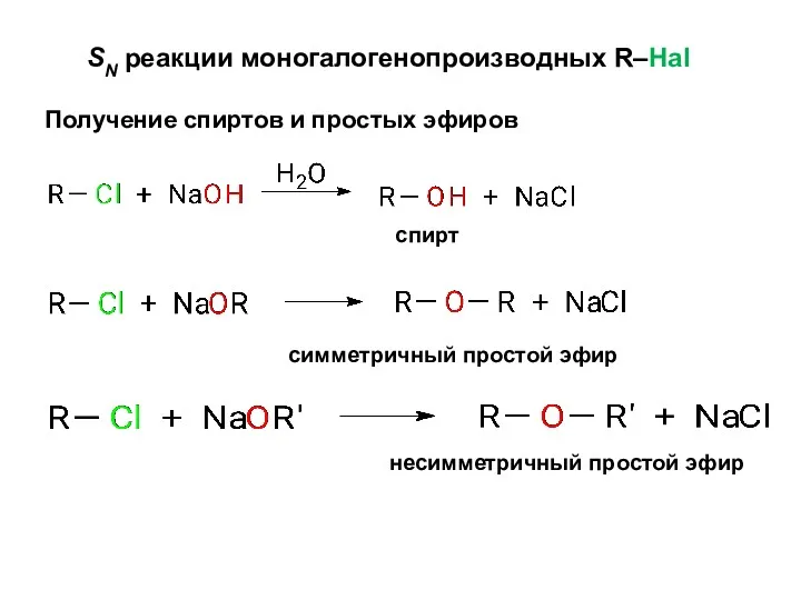 SN реакции моногалогенопроизводных R–Hal Получение спиртов и простых эфиров спирт симметричный простой эфир несимметричный простой эфир
