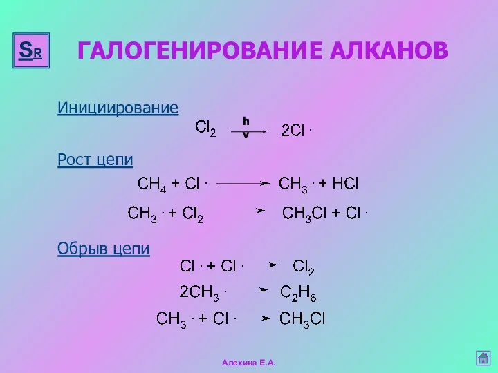 ГАЛОГЕНИРОВАНИЕ АЛКАНОВ hν Инициирование Рост цепи Обрыв цепи SR Алехина Е.А.