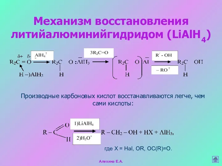 Механизм восстановления литийалюминийгидридом (LiAlH4) где Х = Hal, OR, OC(R)=O.