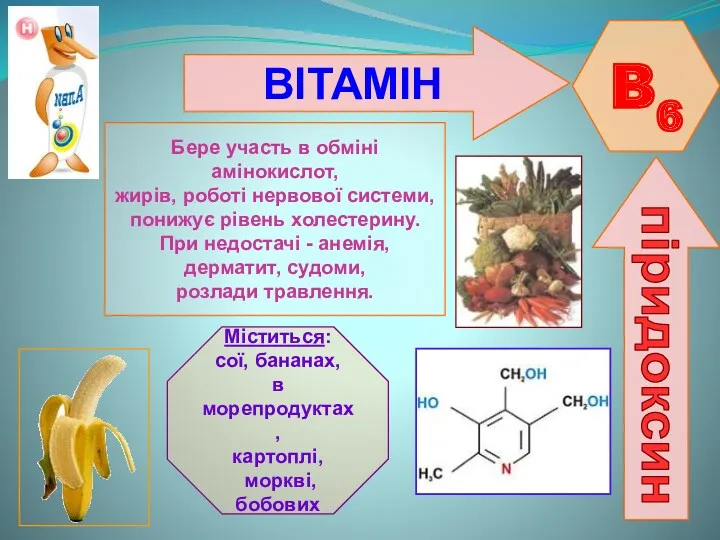 ВІТАМІН B6 піридоксин Бере участь в обміні амінокислот, жирів, роботі