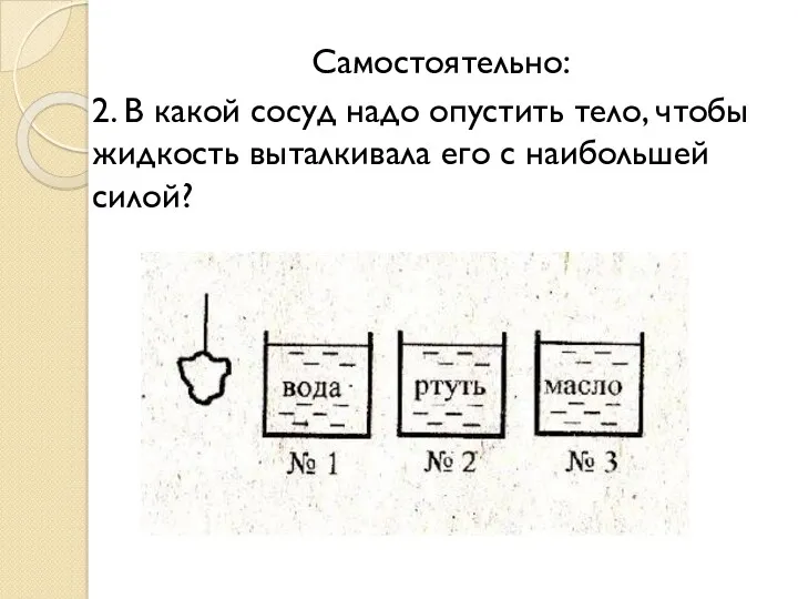 Самостоятельно: 2. В какой сосуд надо опустить тело, чтобы жидкость выталкивала его с наибольшей силой?