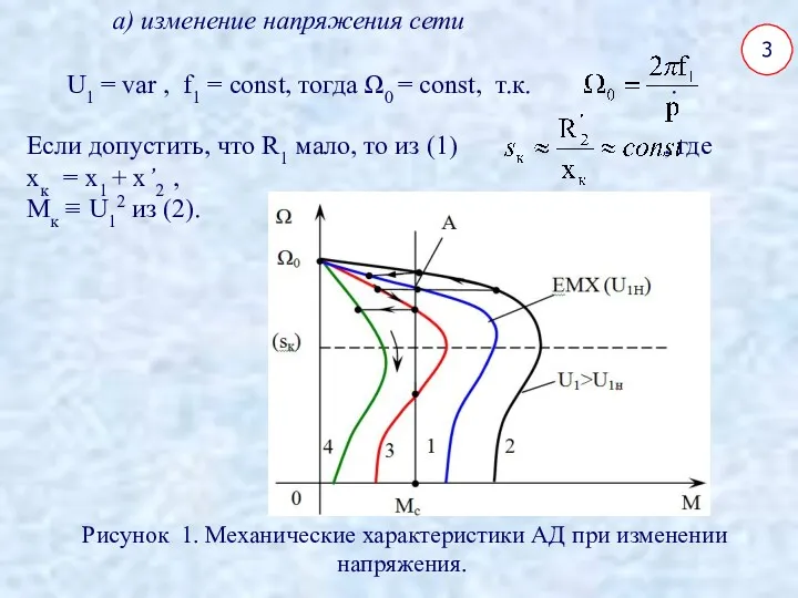 3 а) изменение напряжения сети U1 = var , f1 = const, тогда