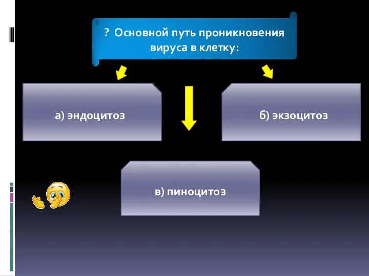 а) эндоцитоз б) экзоцитоз в) пиноцитоз ? Основной путь проникновения вируса в клетку: