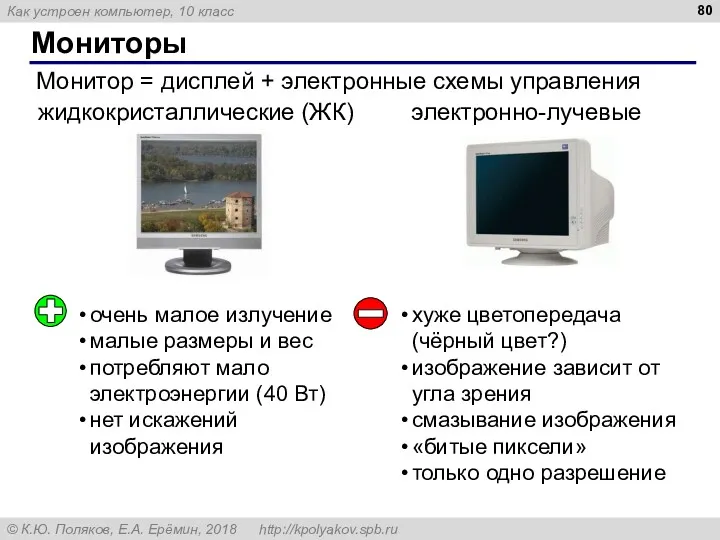Мониторы Монитор = дисплей + электронные схемы управления электронно-лучевые жидкокристаллические