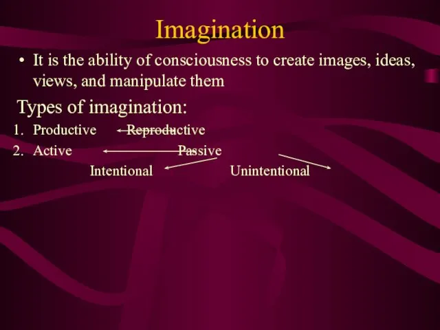 Imagination It is the ability of consciousness to create images,
