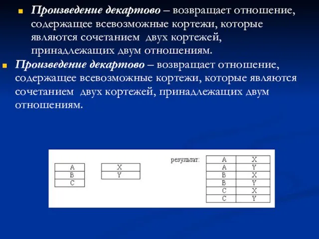 Произведение декартово – возвращает отношение, содержащее всевозможные кортежи, которые являются